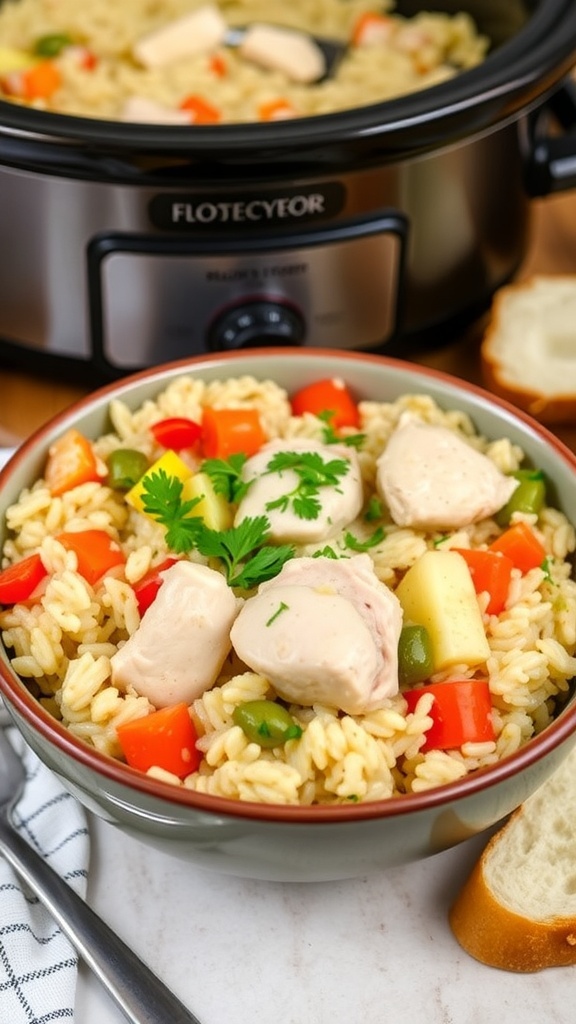A comforting chicken and rice casserole with vegetables, garnished with parsley, served in a bowl on a kitchen table.
